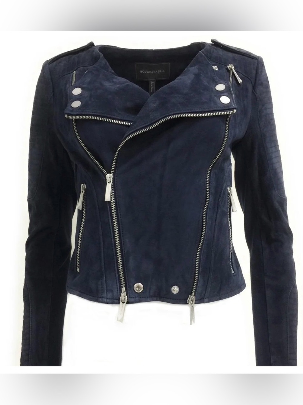 BCBG MAXAZRIA Navy Leather Suede Moto Jacket